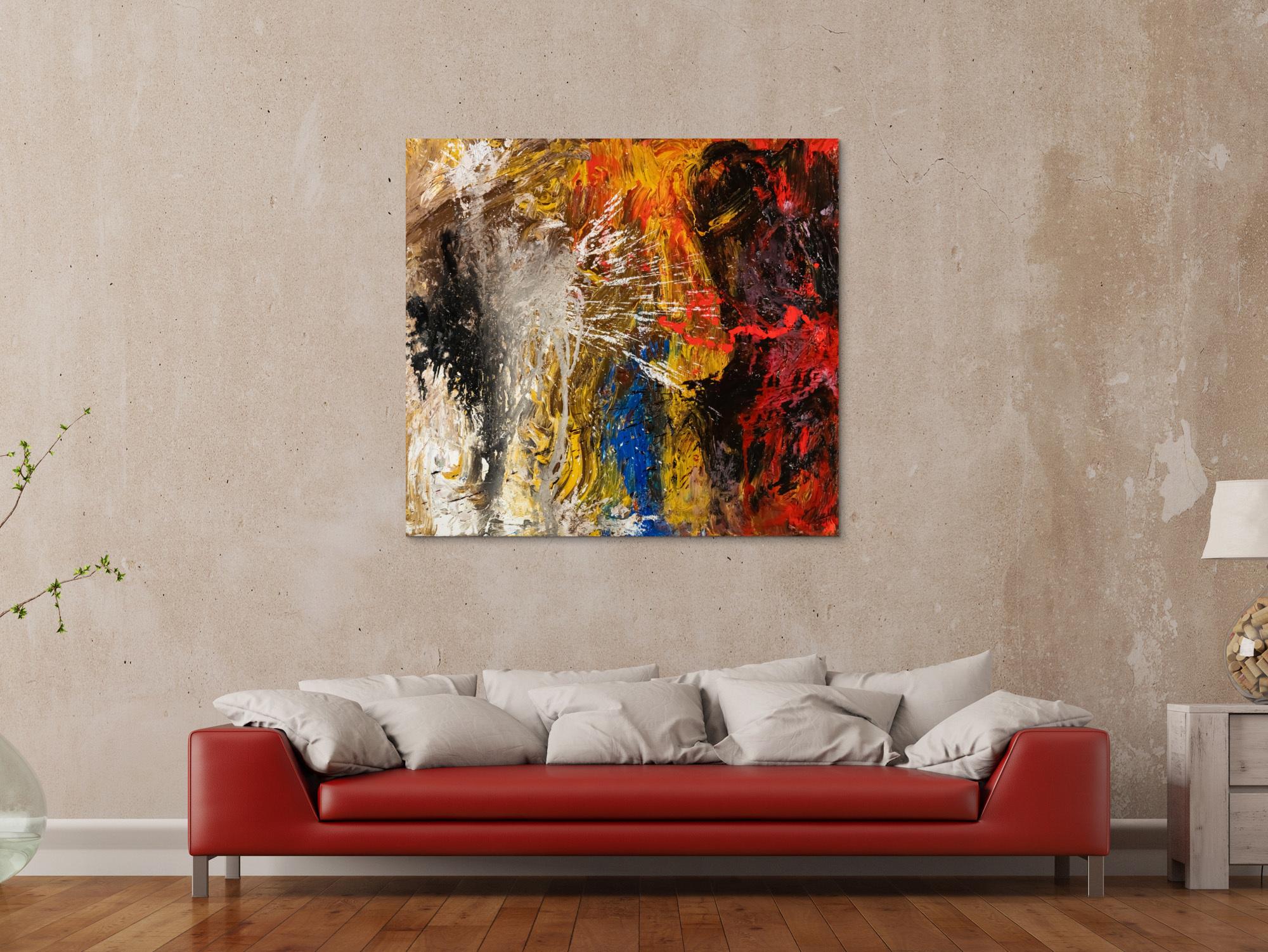 Abstraktes Original Gemälde 120x110cm Action Painting Moderne Kunst handgemalt Mischtechnik schwarz gold rot hochwertig