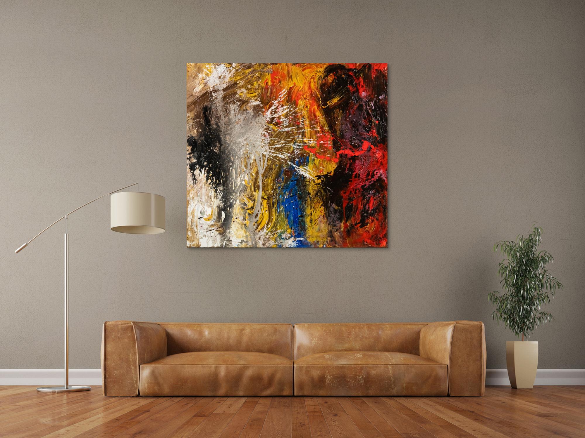 Abstraktes Original Gemälde 120x110cm Action Painting Moderne Kunst handgemalt Mischtechnik schwarz gold rot hochwertig