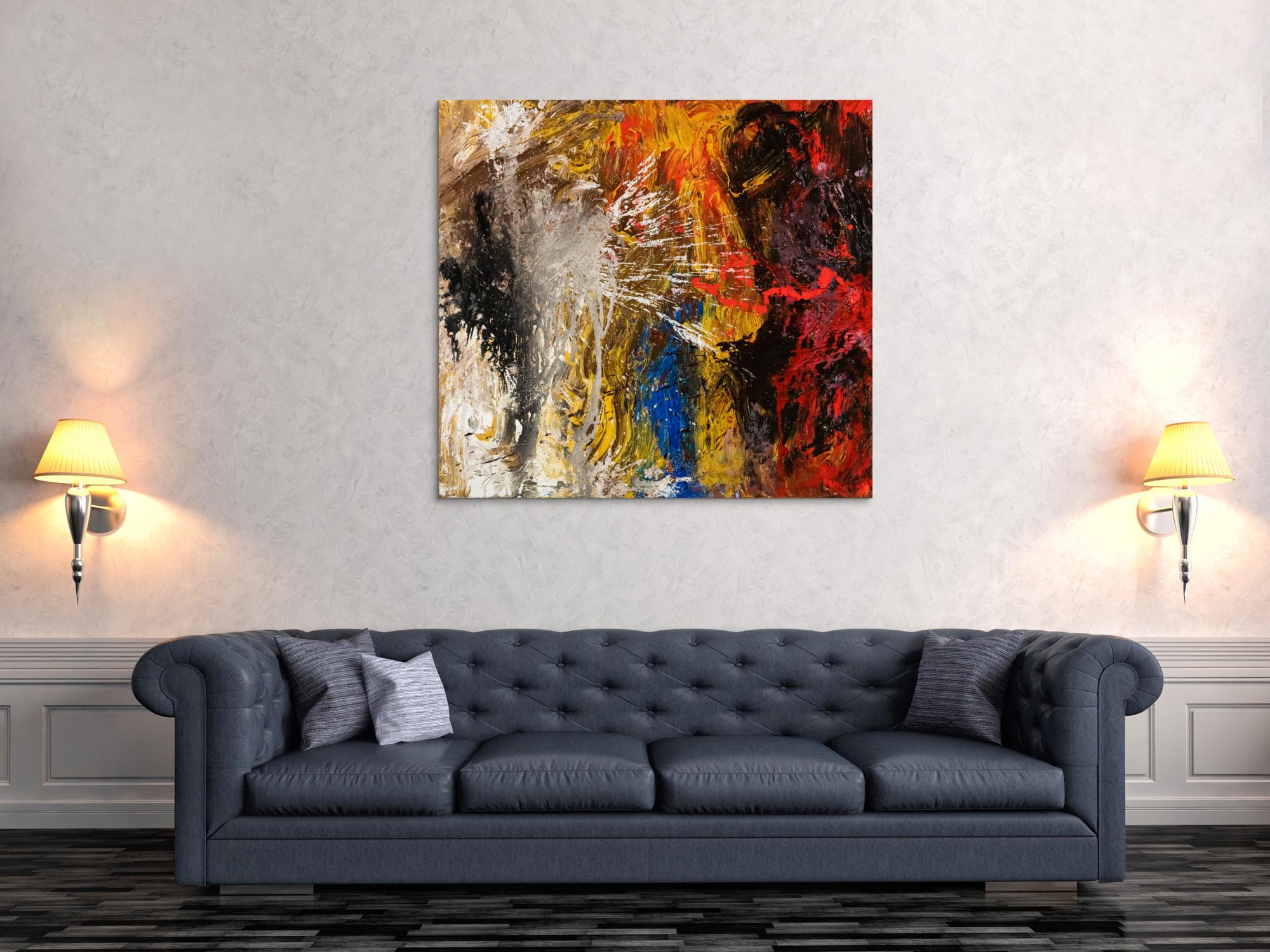 Abstraktes Original Gemälde 120x110cm Action Painting Moderne Kunst handgemalt Mischtechnik schwarz gold rot hochwertig