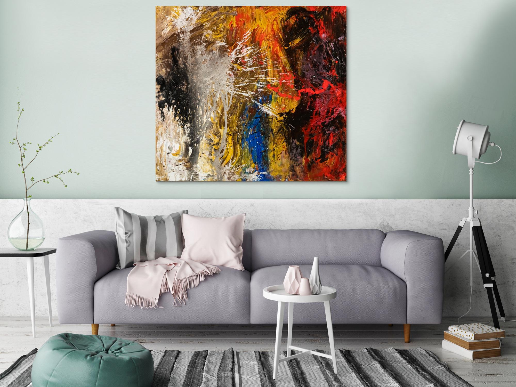 Abstraktes Original Gemälde 120x110cm Action Painting Moderne Kunst handgemalt Mischtechnik schwarz gold rot hochwertig