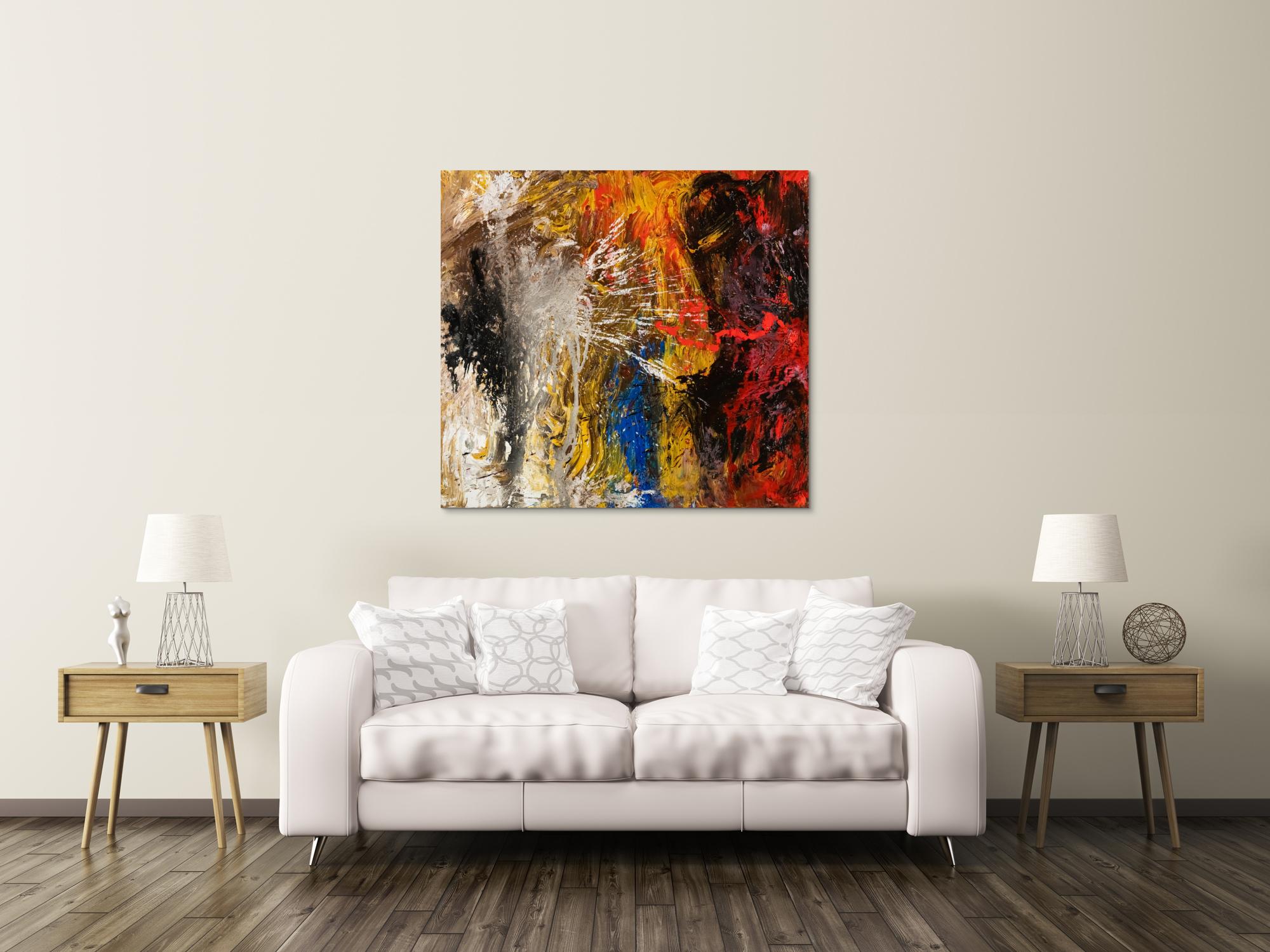 Abstraktes Original Gemälde 120x110cm Action Painting Moderne Kunst handgemalt Mischtechnik schwarz gold rot hochwertig