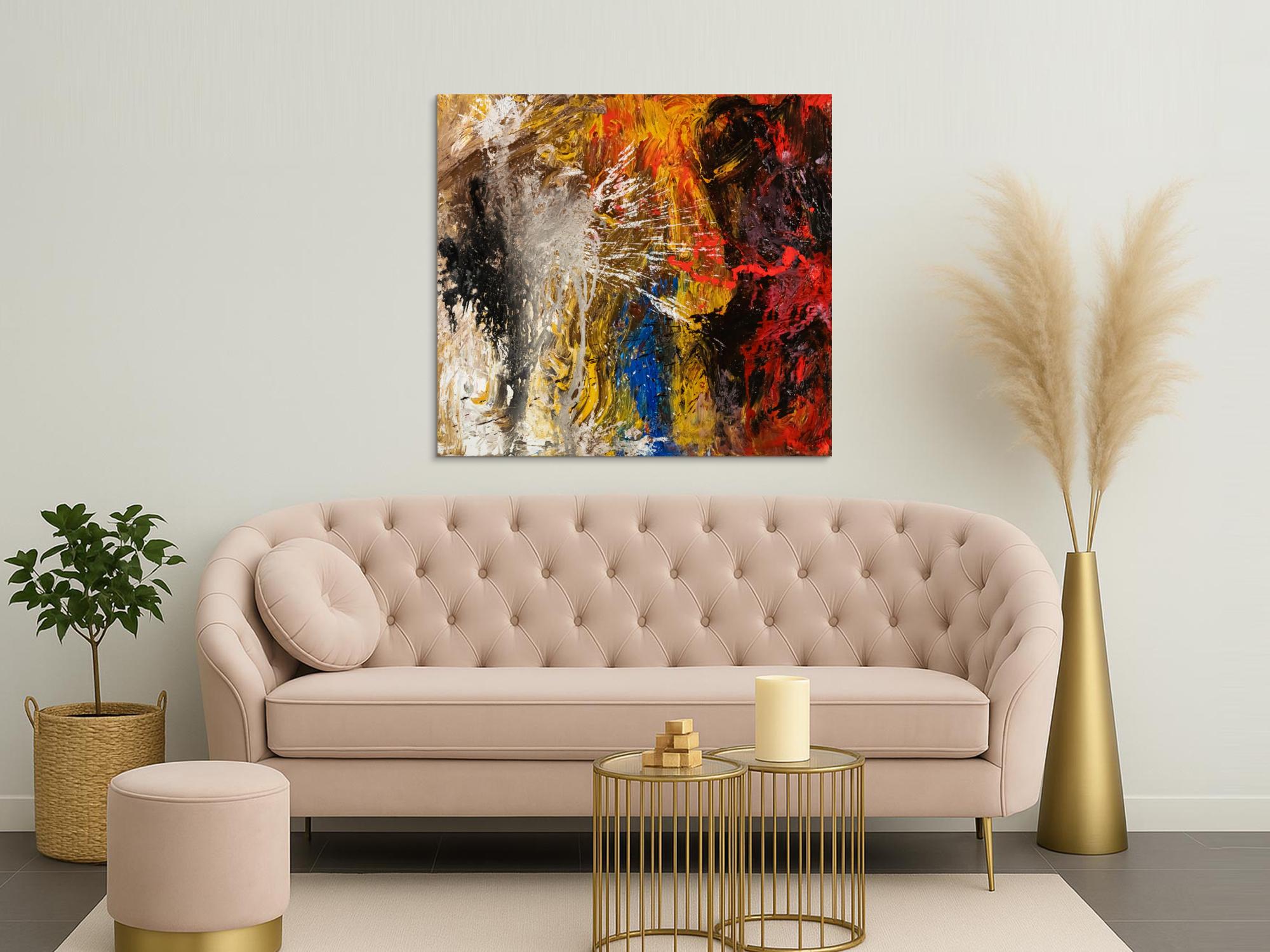 Abstraktes Original Gemälde 120x110cm Action Painting Moderne Kunst handgemalt Mischtechnik schwarz gold rot hochwertig