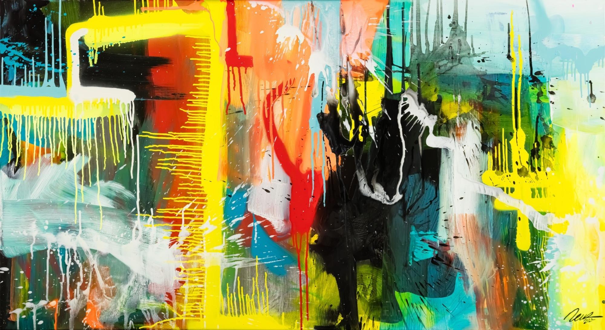 Gemälde Original abstrakt 90x160cm Action Painting zeitgenössisch auf Leinwand Mischtechnik bunt gelb türkis Unikat