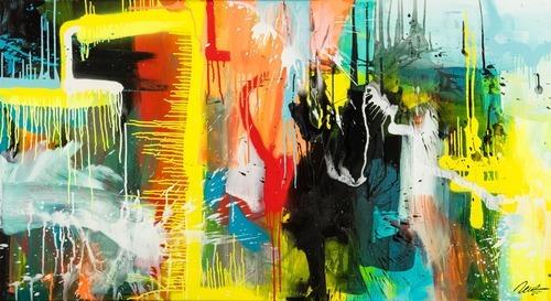 Gemälde Original abstrakt 90x160cm Action Painting zeitgenössisch auf Leinwand Mischtechnik bunt gelb türkis Unikat