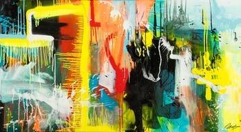 Gemälde Original abstrakt 90x160cm Action Painting zeitgenössisch auf Leinwand Mischtechnik bunt gelb türkis Unikat