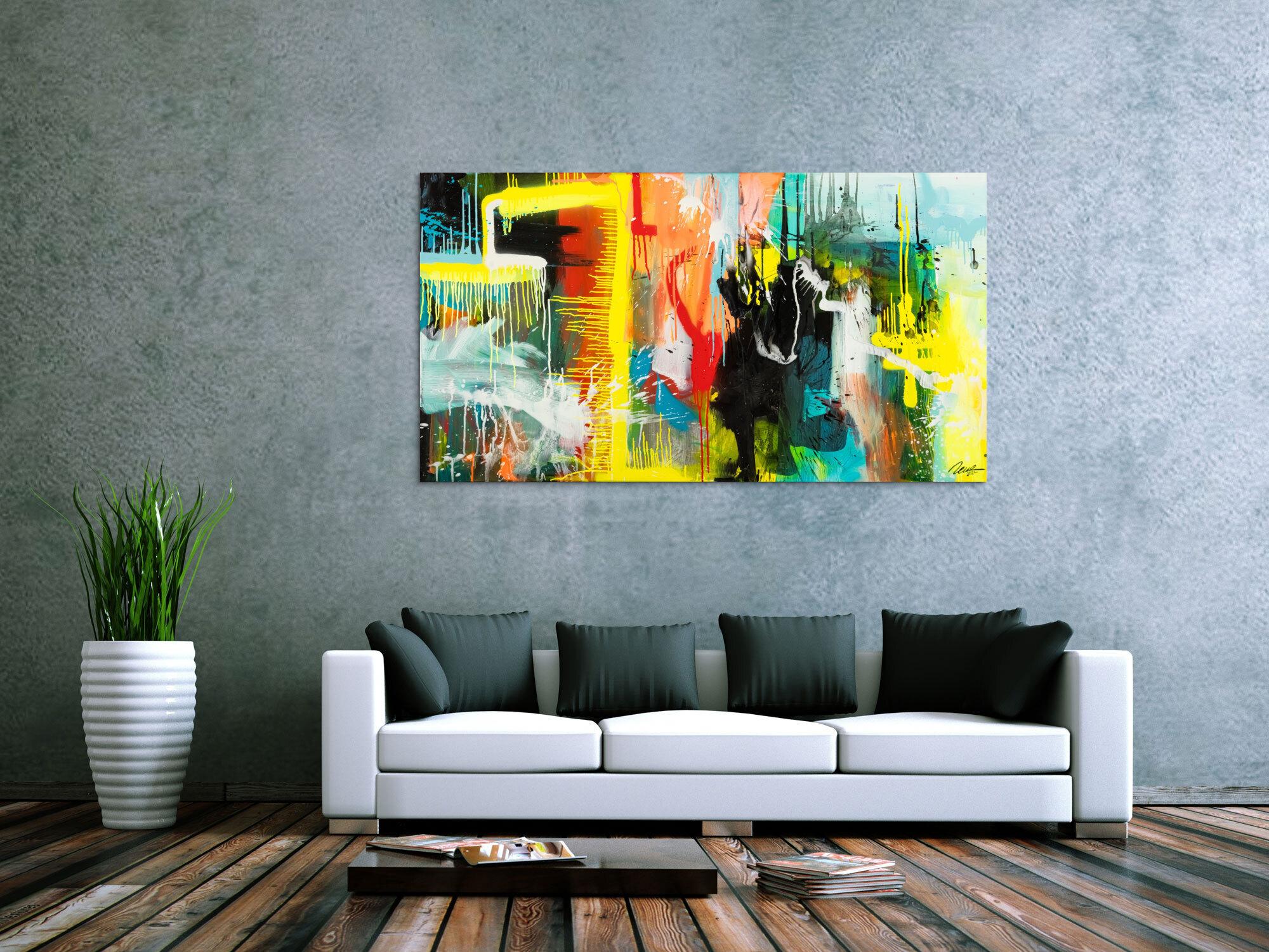 Gemälde Original abstrakt 90x160cm Action Painting zeitgenössisch auf Leinwand Mischtechnik bunt gelb türkis Unikat
