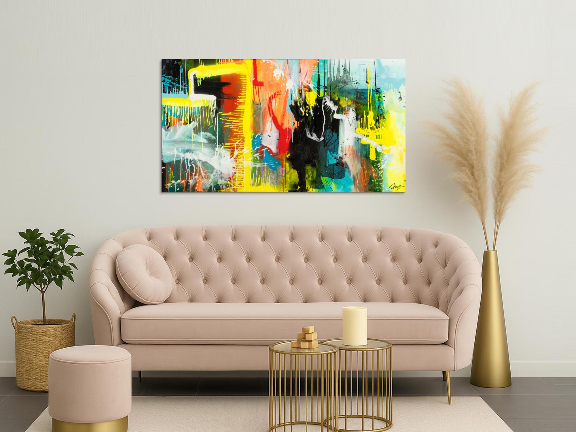 Gemälde Original abstrakt 90x160cm Action Painting zeitgenössisch auf Leinwand Mischtechnik bunt gelb türkis Unikat