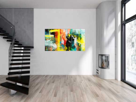 Gemälde Original abstrakt 90x160cm Action Painting zeitgenössisch auf Leinwand Mischtechnik bunt gelb türkis Unikat