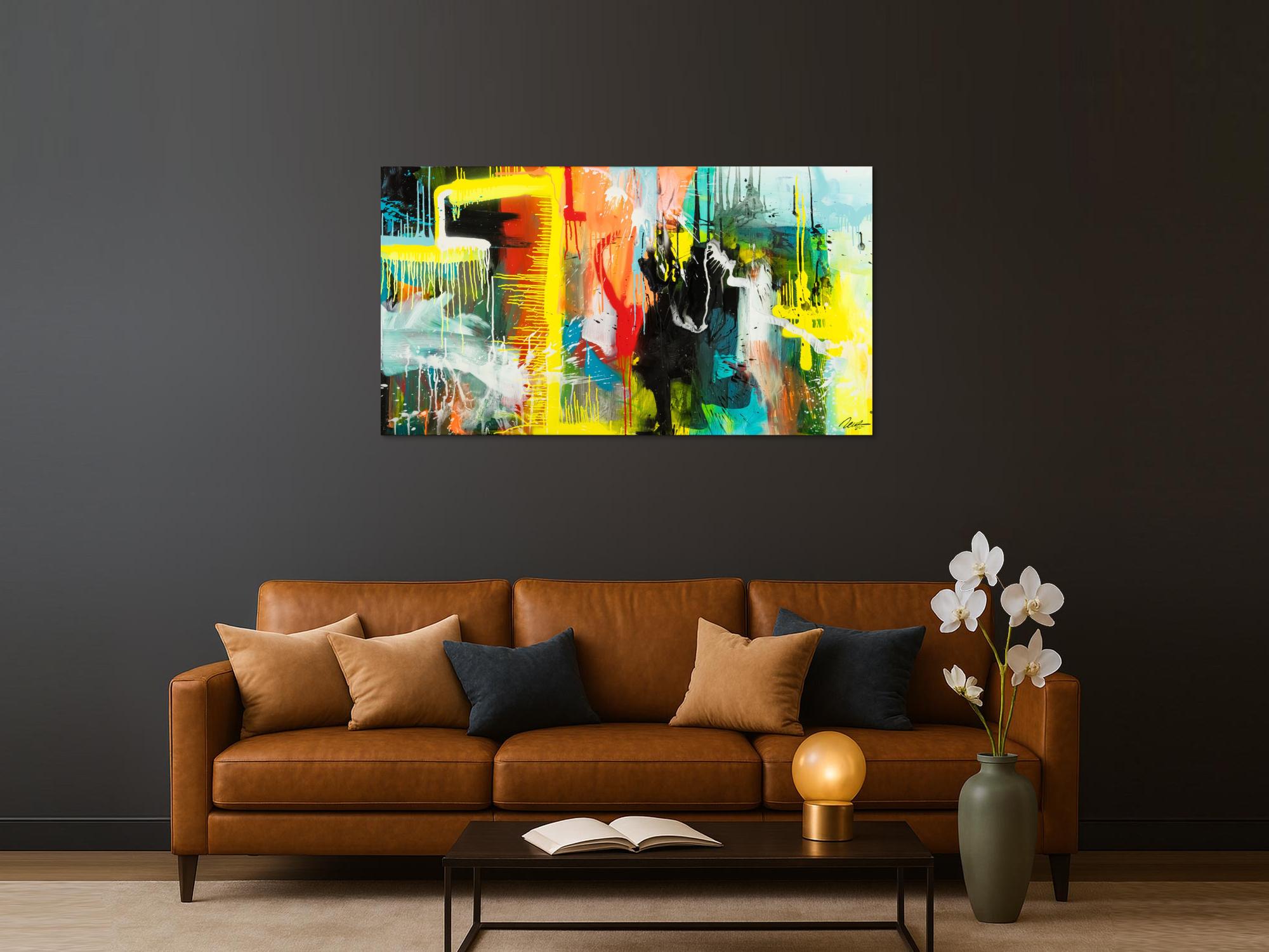 Gemälde Original abstrakt 90x160cm Action Painting zeitgenössisch auf Leinwand Mischtechnik bunt gelb türkis Unikat