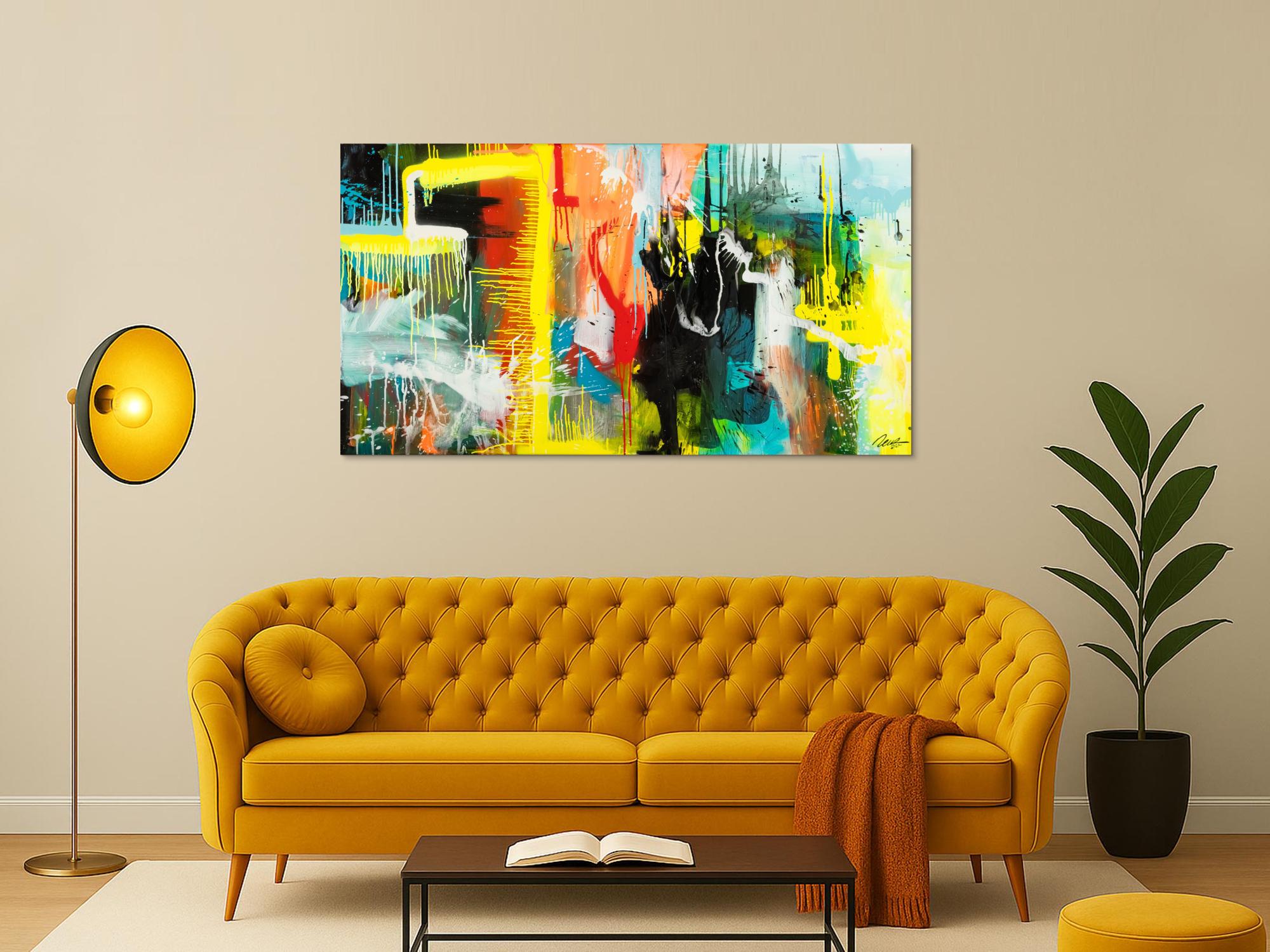 Gemälde Original abstrakt 90x160cm Action Painting zeitgenössisch auf Leinwand Mischtechnik bunt gelb türkis Unikat