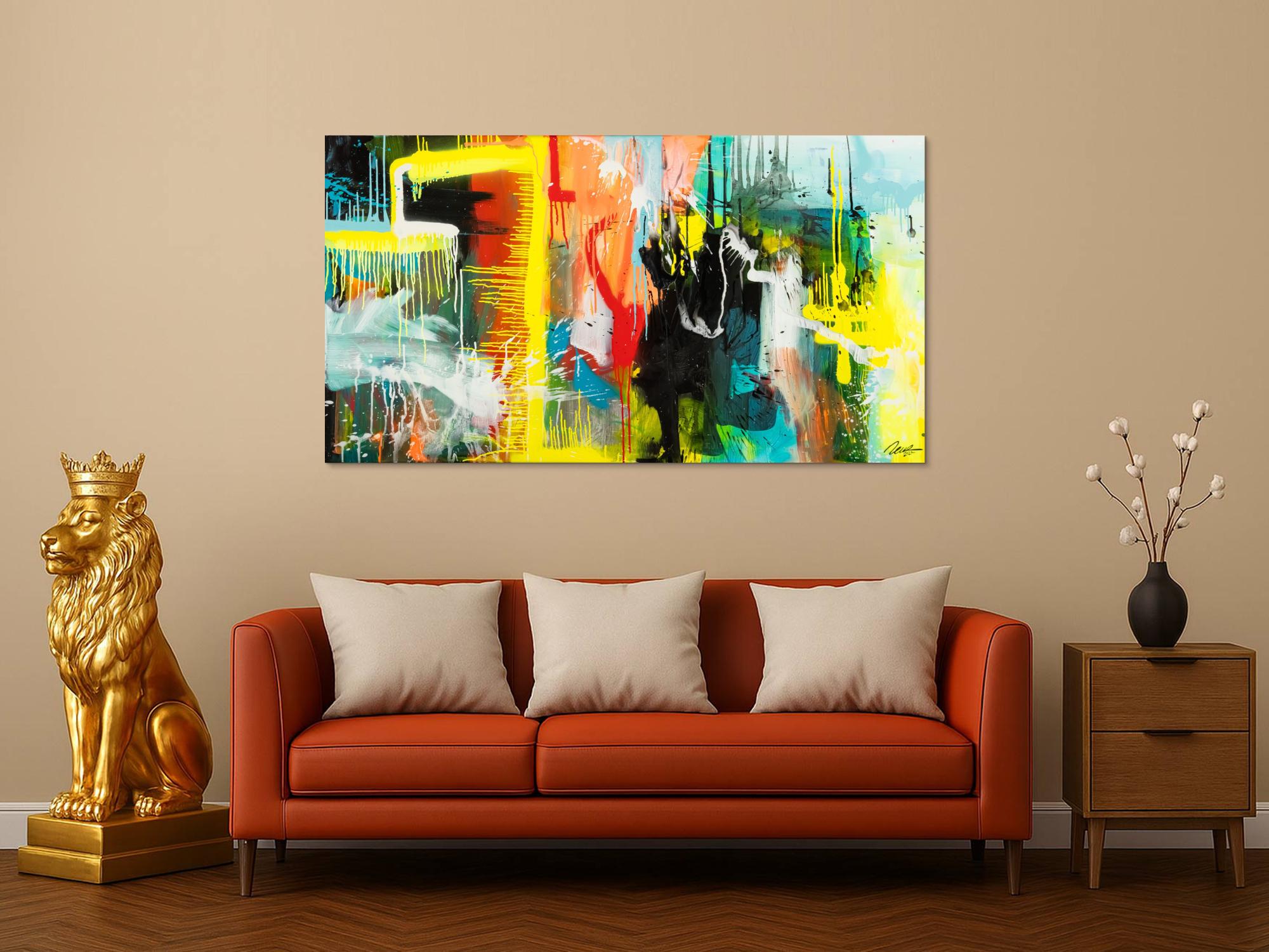 Gemälde Original abstrakt 90x160cm Action Painting zeitgenössisch auf Leinwand Mischtechnik bunt gelb türkis Unikat