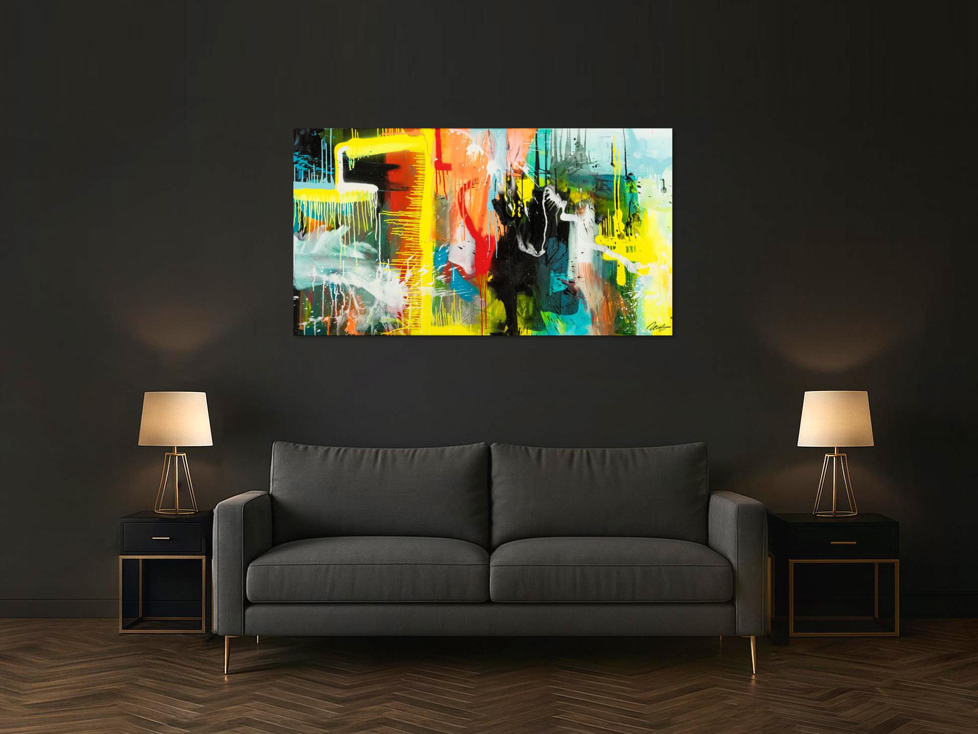 Gemälde Original abstrakt 90x160cm Action Painting zeitgenössisch auf Leinwand Mischtechnik bunt gelb türkis Unikat