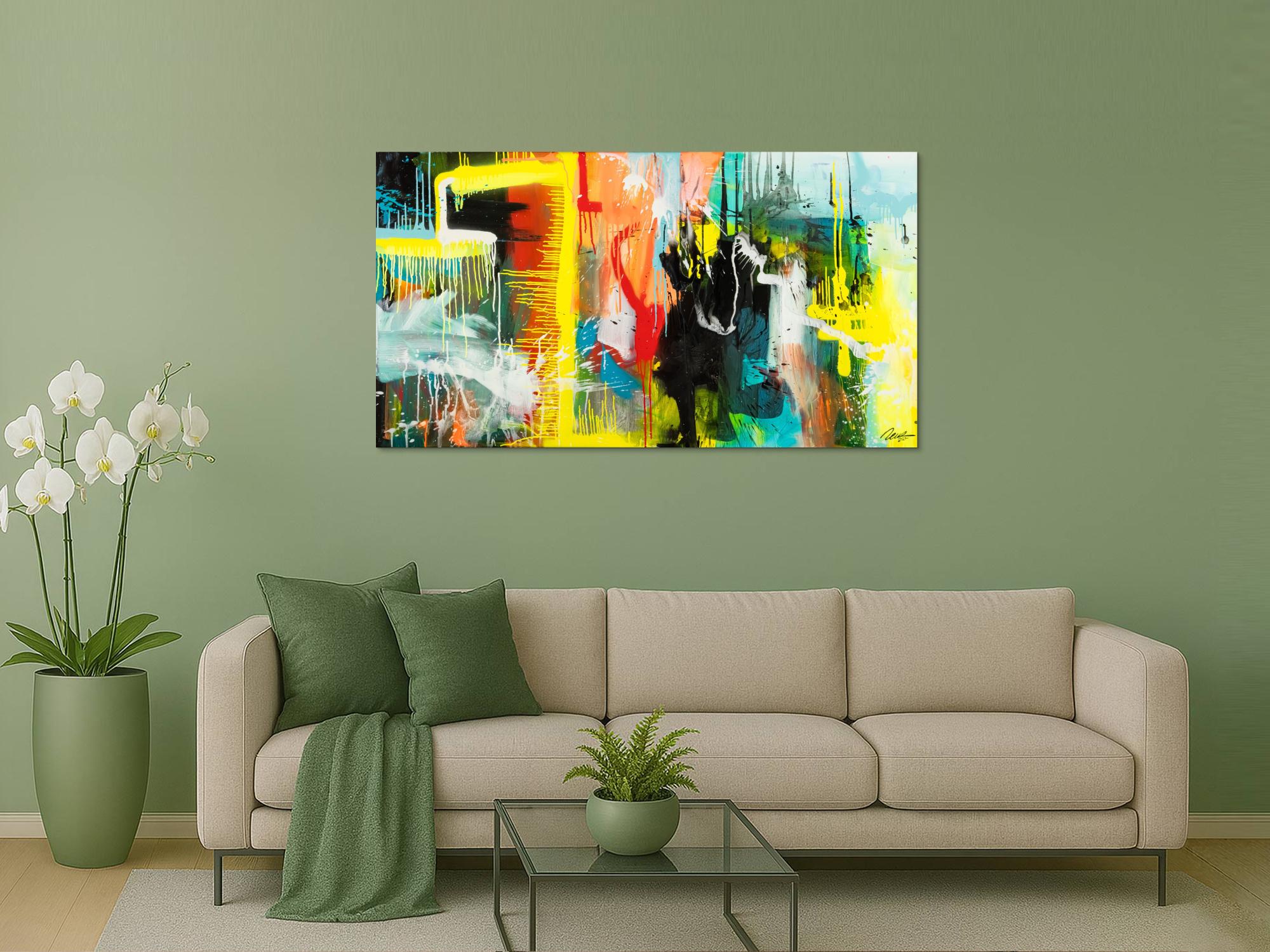 Gemälde Original abstrakt 90x160cm Action Painting zeitgenössisch auf Leinwand Mischtechnik bunt gelb türkis Unikat