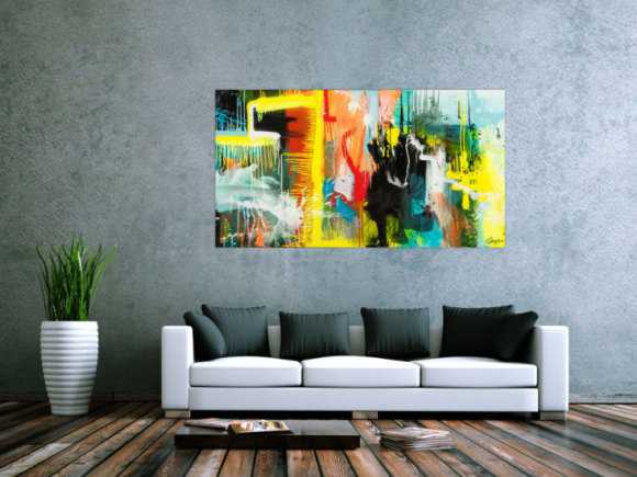 Gemälde Original abstrakt 90x160cm Action Painting zeitgenössisch auf Leinwand Mischtechnik bunt gelb türkis Unikat