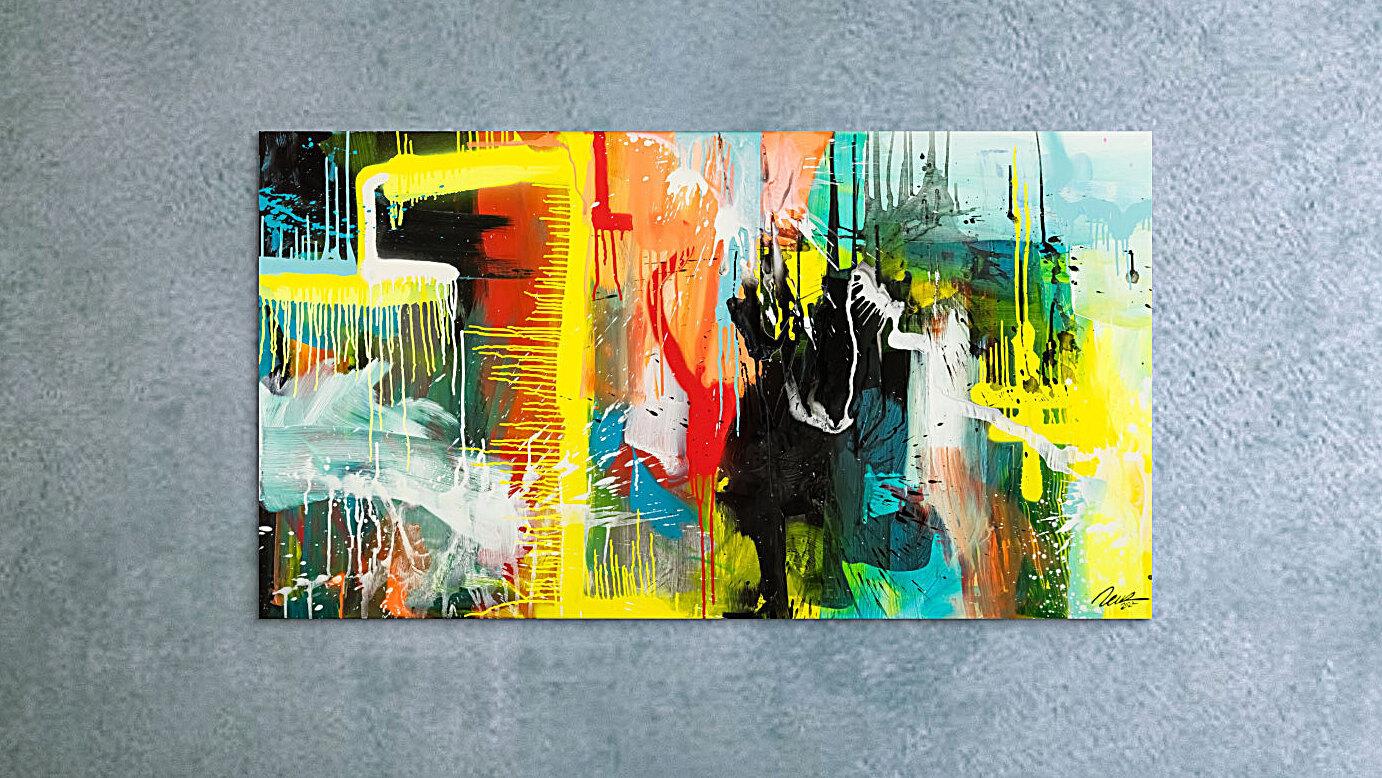 Gemälde Original abstrakt 90x160cm Action Painting zeitgenössisch auf Leinwand Mischtechnik bunt gelb türkis Unikat