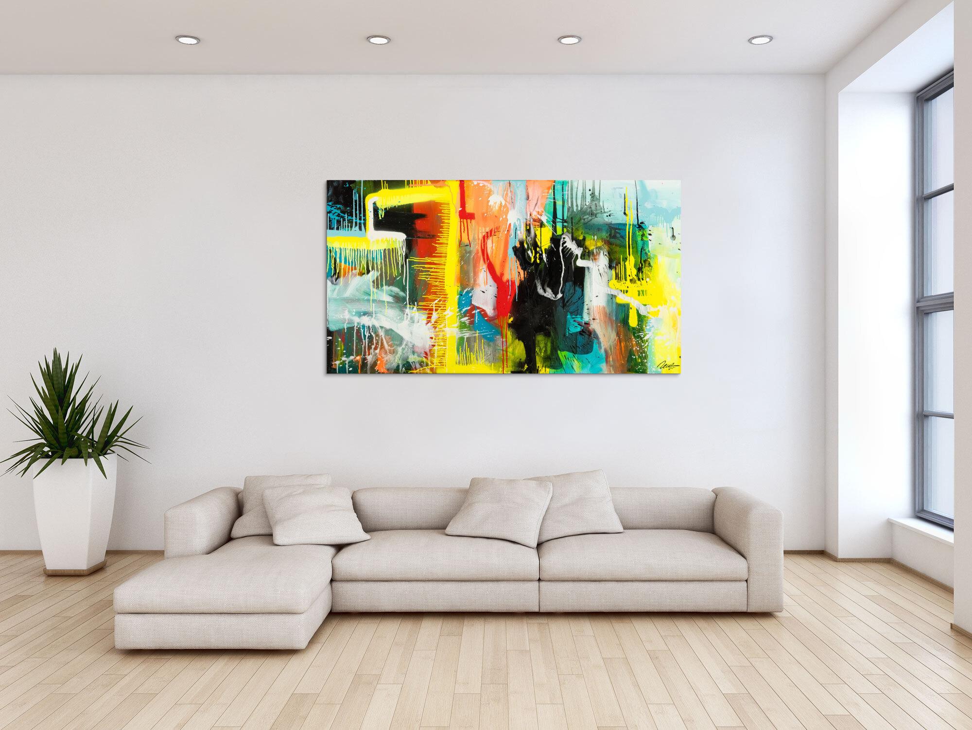 Gemälde Original abstrakt 90x160cm Action Painting zeitgenössisch auf Leinwand Mischtechnik bunt gelb türkis Unikat