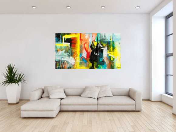 Gemälde Original abstrakt 90x160cm Action Painting zeitgenössisch auf Leinwand Mischtechnik bunt gelb türkis Unikat