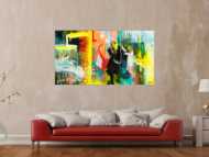Gemälde Original abstrakt 90x160cm Action Painting zeitgenössisch auf Leinwand Mischtechnik bunt gelb türkis Unikat