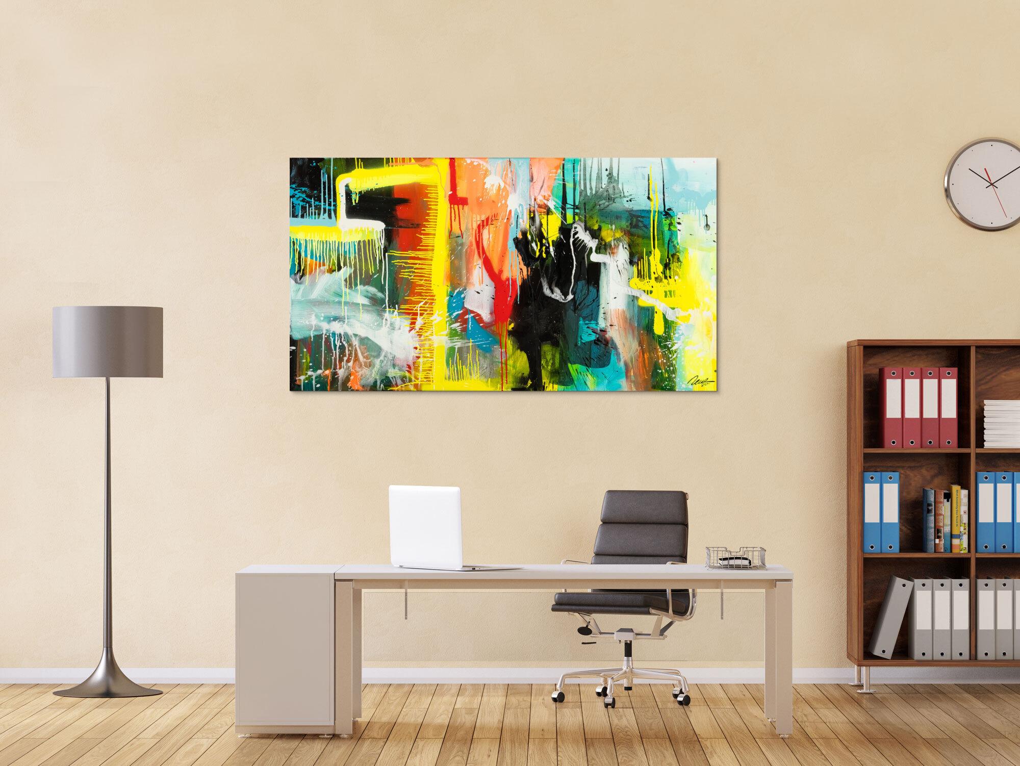 Gemälde Original abstrakt 90x160cm Action Painting zeitgenössisch auf Leinwand Mischtechnik bunt gelb türkis Unikat