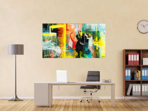 Gemälde Original abstrakt 90x160cm Action Painting zeitgenössisch auf Leinwand Mischtechnik bunt gelb türkis Unikat