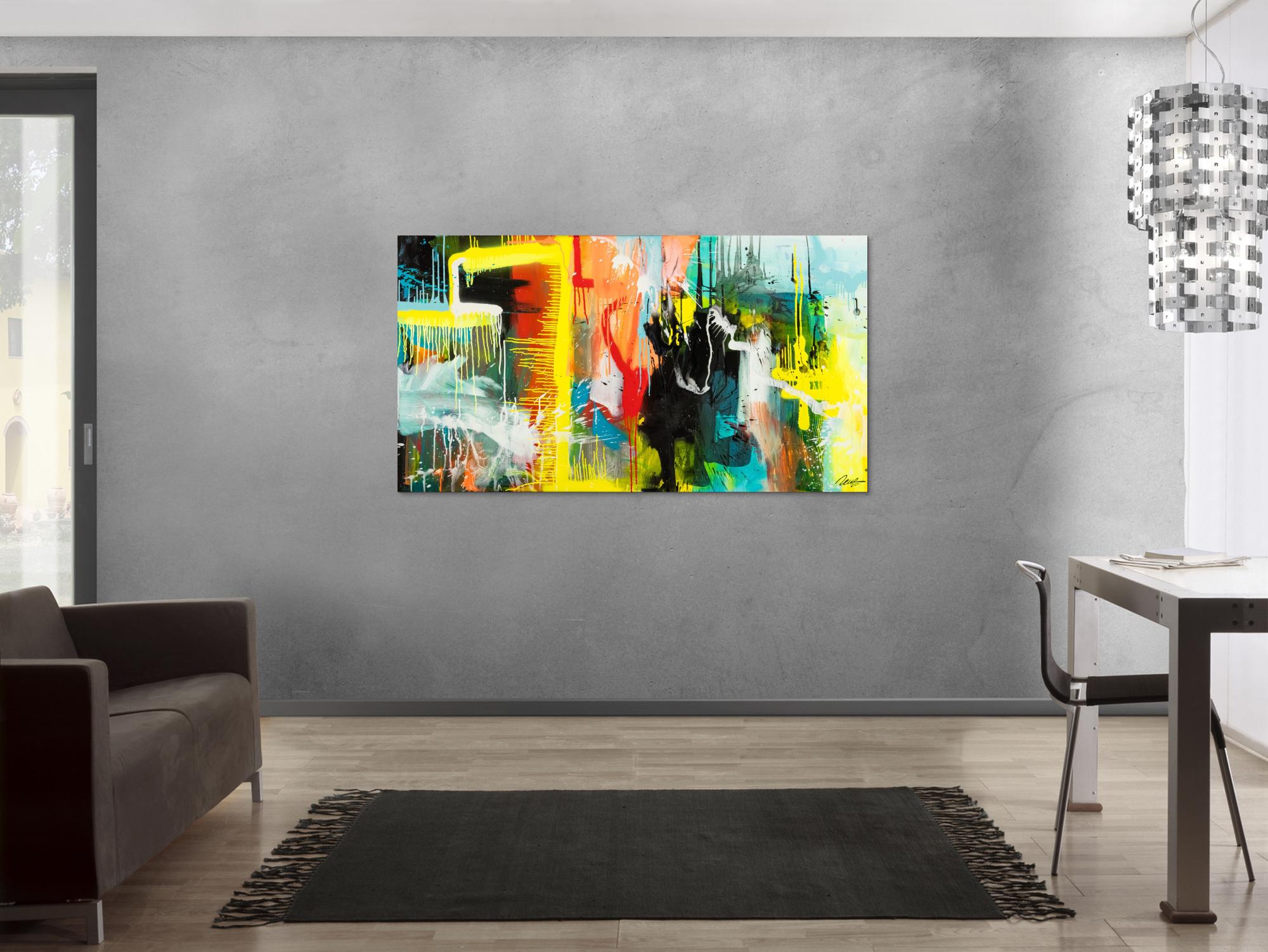 Gemälde Original abstrakt 90x160cm Action Painting zeitgenössisch auf Leinwand Mischtechnik bunt gelb türkis Unikat