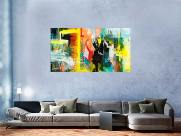 Gemälde Original abstrakt 90x160cm Action Painting zeitgenössisch auf Leinwand Mischtechnik bunt gelb türkis Unikat