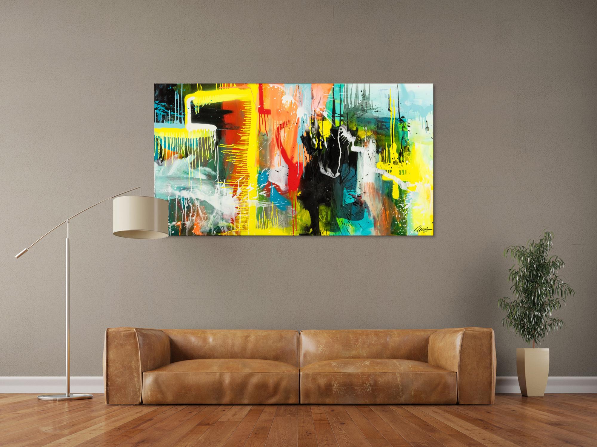 Gemälde Original abstrakt 90x160cm Action Painting zeitgenössisch auf Leinwand Mischtechnik bunt gelb türkis Unikat