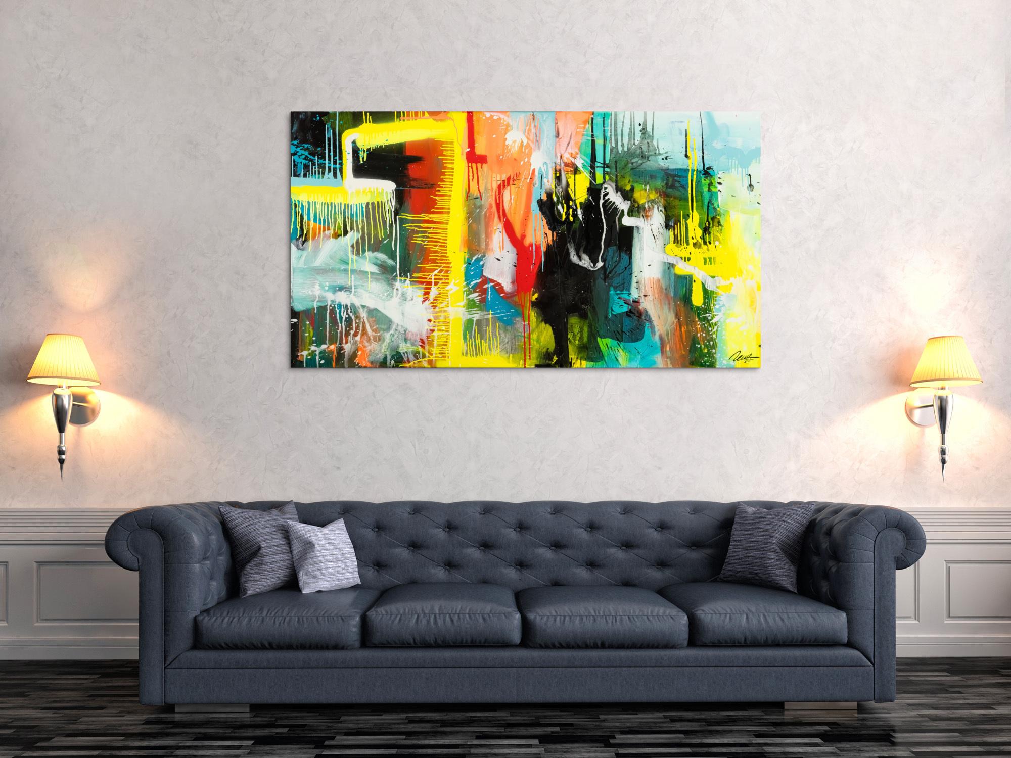 Gemälde Original abstrakt 90x160cm Action Painting zeitgenössisch auf Leinwand Mischtechnik bunt gelb türkis Unikat