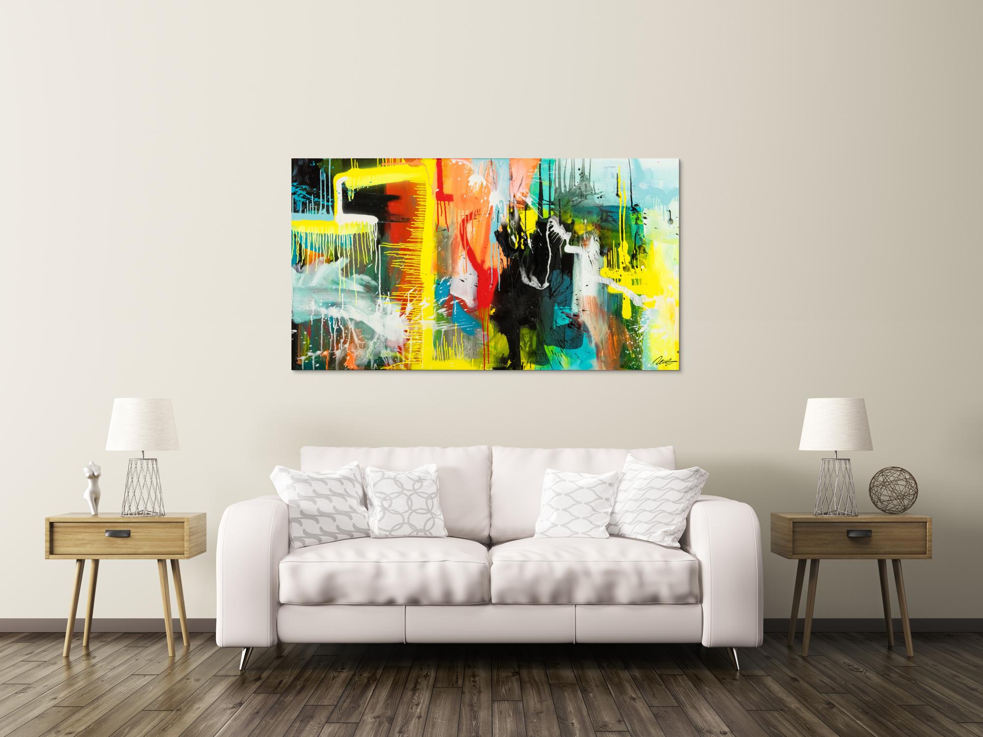 Gemälde Original abstrakt 90x160cm Action Painting zeitgenössisch auf Leinwand Mischtechnik bunt gelb türkis Unikat