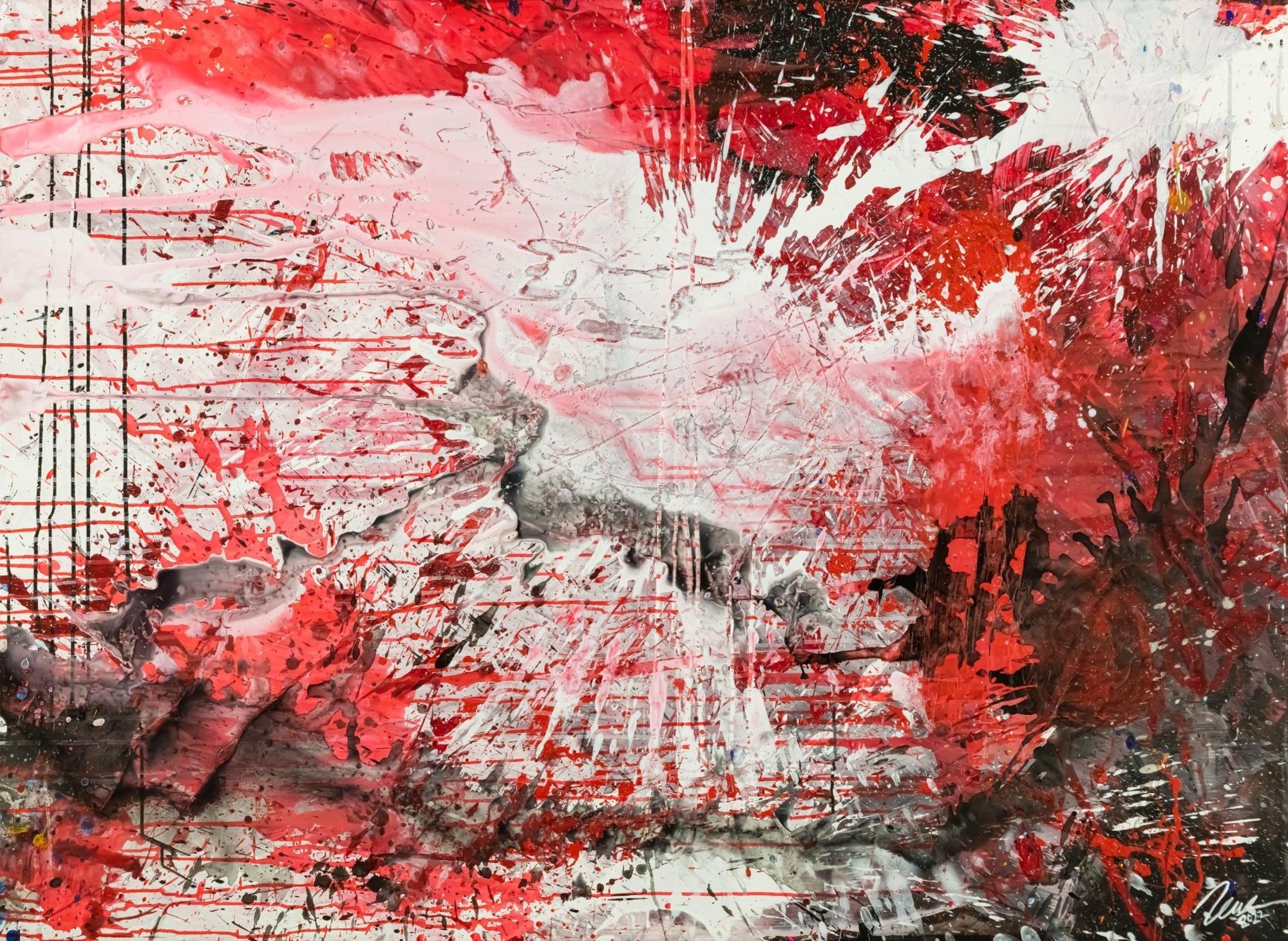 Abstraktes Original Gemälde 110x150cm Action Painting zeitgenössisch handgemalt Mischtechnik weiß rot schwarz einzigartig