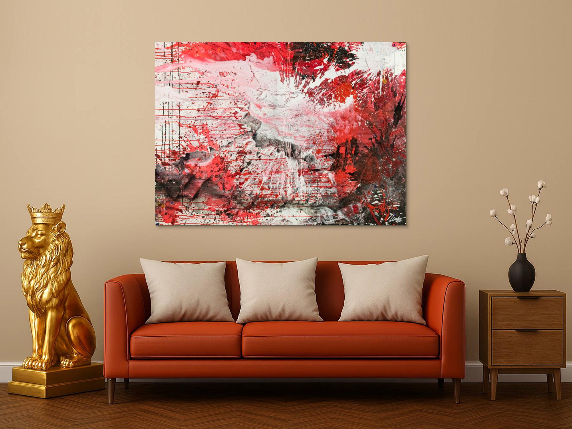Abstraktes Original Gemälde 110x150cm Action Painting zeitgenössisch handgemalt Mischtechnik weiß rot schwarz einzigartig