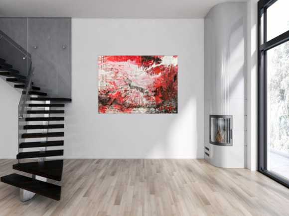 Abstraktes Original Gemälde 110x150cm Action Painting zeitgenössisch handgemalt Mischtechnik weiß rot schwarz einzigartig