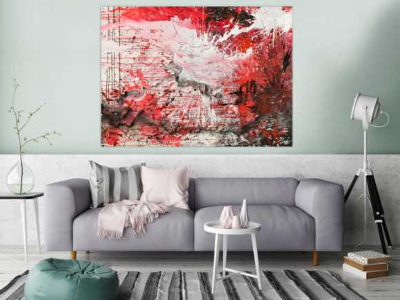 Abstraktes Original Gemälde 110x150cm Action Painting zeitgenössisch handgemalt Mischtechnik weiß rot schwarz einzigartig