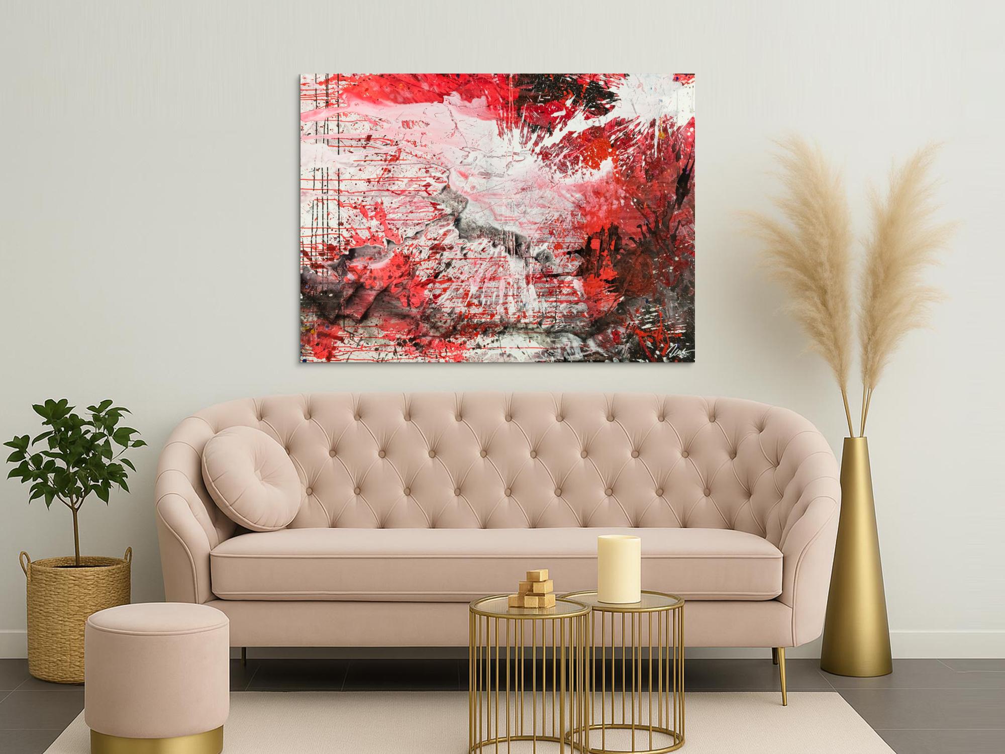 Abstraktes Original Gemälde 110x150cm Action Painting zeitgenössisch handgemalt Mischtechnik weiß rot schwarz einzigartig