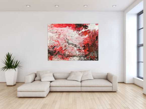 Abstraktes Original Gemälde 110x150cm Action Painting zeitgenössisch handgemalt Mischtechnik weiß rot schwarz einzigartig