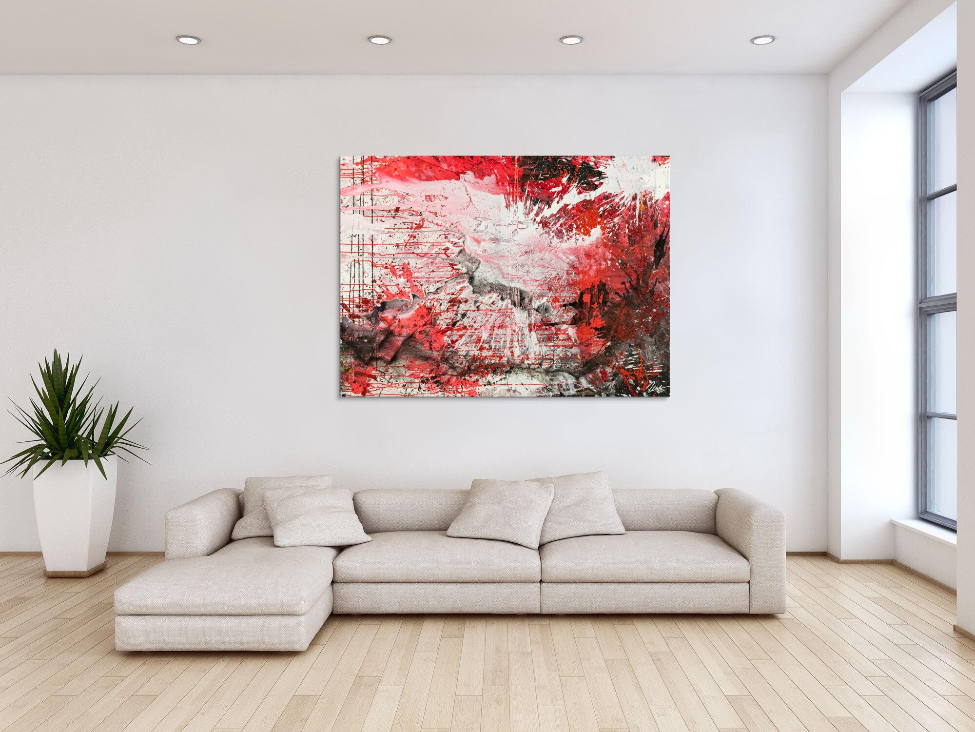 Abstraktes Original Gemälde 110x150cm Action Painting zeitgenössisch handgemalt Mischtechnik weiß rot schwarz einzigartig