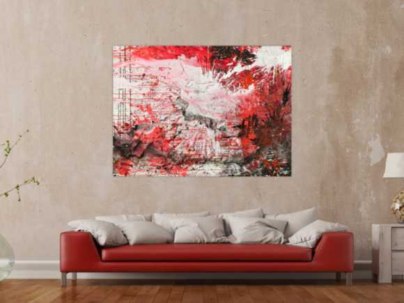 Abstraktes Original Gemälde 110x150cm Action Painting zeitgenössisch handgemalt Mischtechnik weiß rot schwarz einzigartig