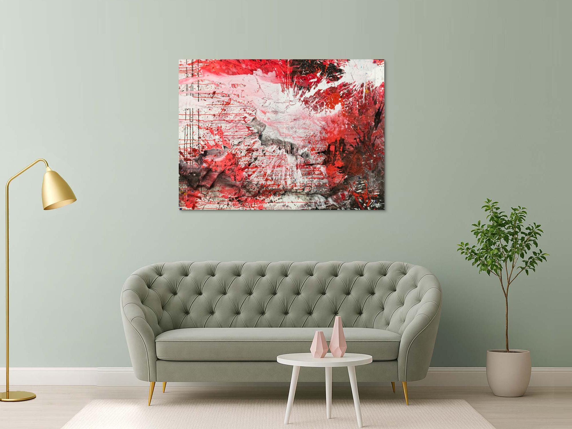 Abstraktes Original Gemälde 110x150cm Action Painting zeitgenössisch handgemalt Mischtechnik weiß rot schwarz einzigartig