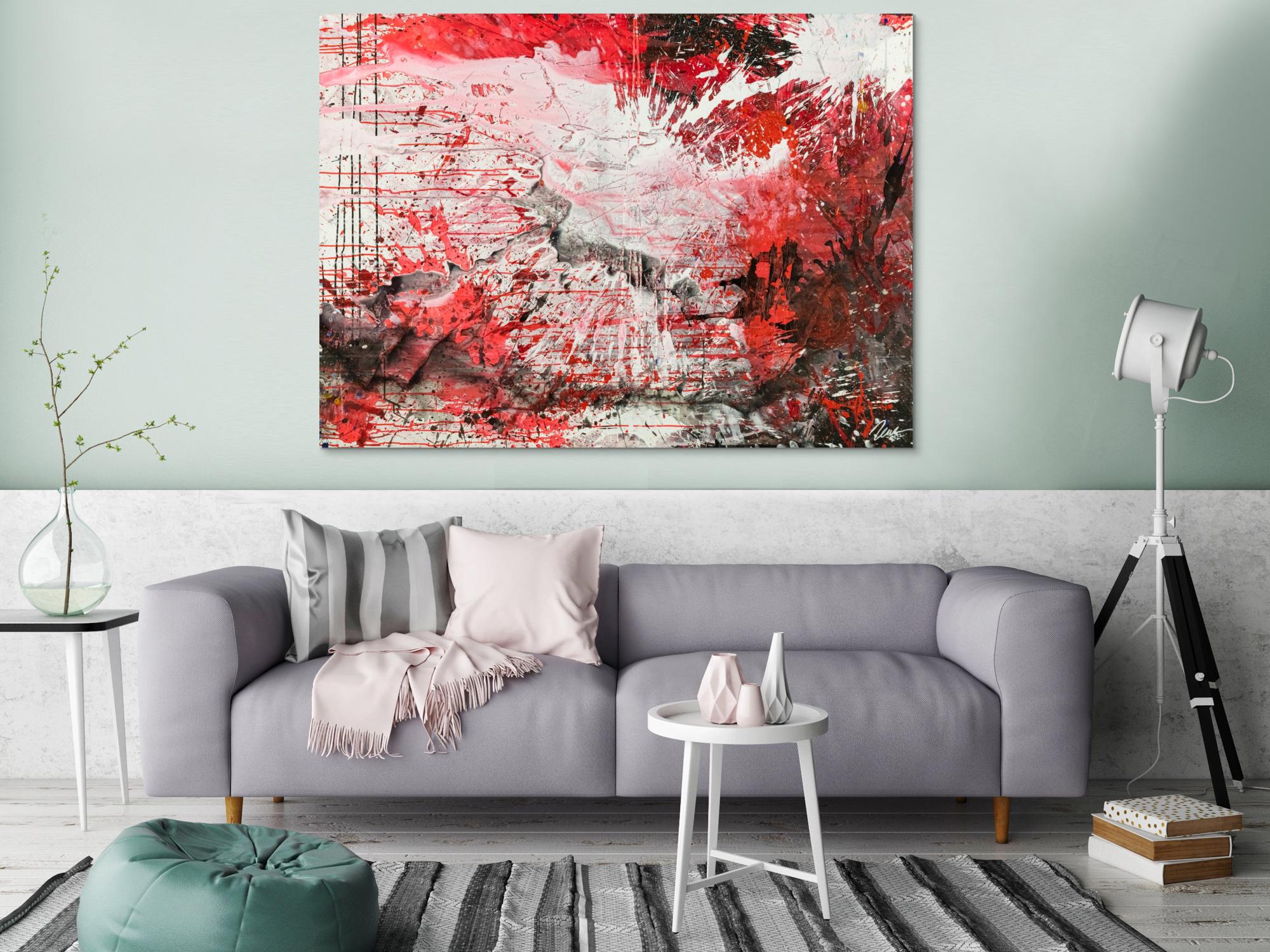 Abstraktes Original Gemälde 110x150cm Action Painting zeitgenössisch handgemalt Mischtechnik weiß rot schwarz einzigartig