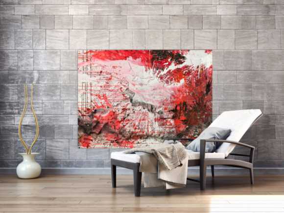 Abstraktes Original Gemälde 110x150cm Action Painting zeitgenössisch handgemalt Mischtechnik weiß rot schwarz einzigartig