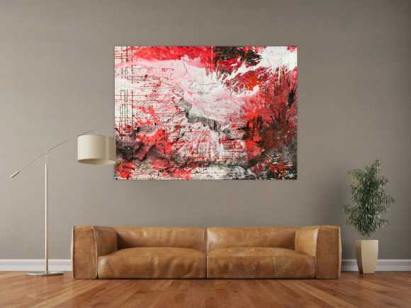 Abstraktes Original Gemälde 110x150cm Action Painting zeitgenössisch handgemalt Mischtechnik weiß rot schwarz einzigartig