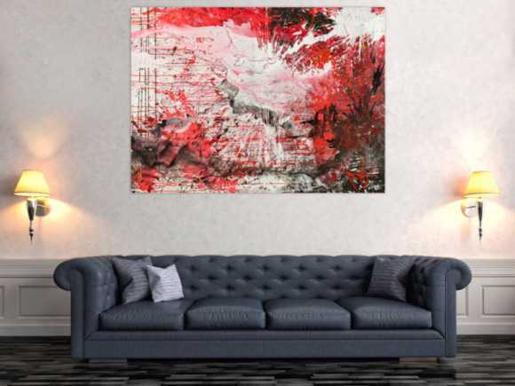 Abstraktes Original Gemälde 110x150cm Action Painting zeitgenössisch handgemalt Mischtechnik weiß rot schwarz einzigartig