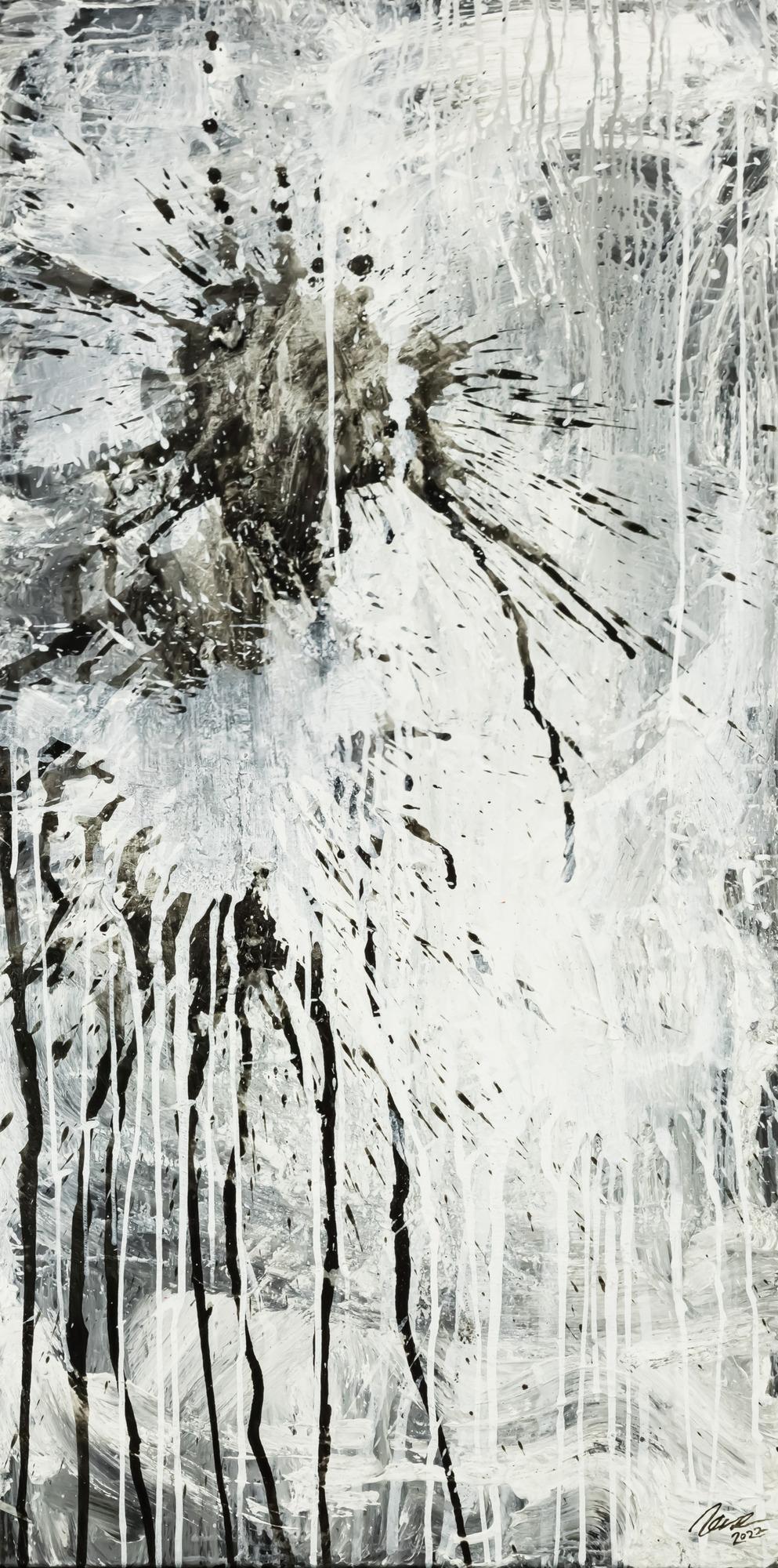 Original Gemälde abstrakt 140x70cm Minimalistisch Moderne Kunst handgefertigt Action Painting schwarz weiß grau einzigartig