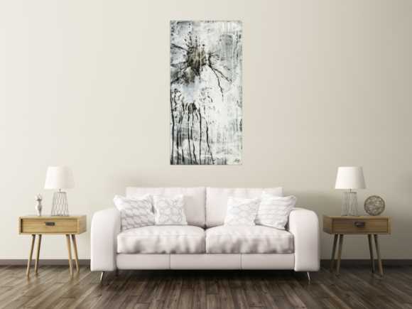 Original Gemälde abstrakt 140x70cm Minimalistisch Moderne Kunst handgefertigt Action Painting schwarz weiß grau einzigartig
