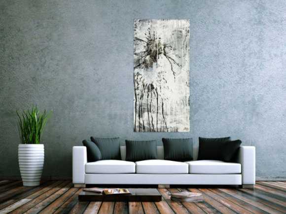 Original Gemälde abstrakt 140x70cm Minimalistisch Moderne Kunst handgefertigt Action Painting schwarz weiß grau einzigartig