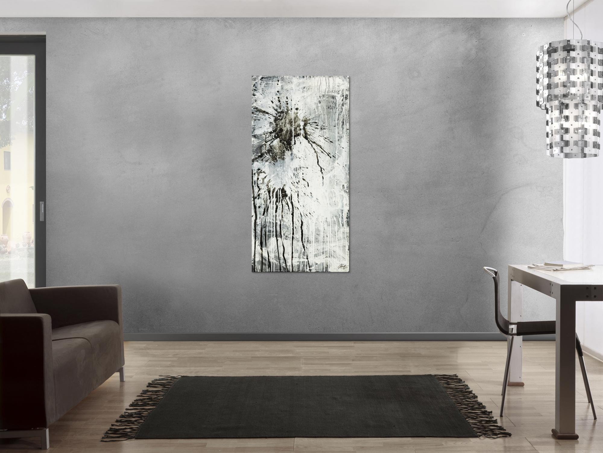 Original Gemälde abstrakt 140x70cm Minimalistisch Moderne Kunst handgefertigt Action Painting schwarz weiß grau einzigartig