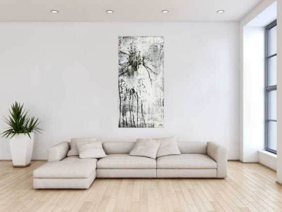 Original Gemälde abstrakt 140x70cm Minimalistisch Moderne Kunst handgefertigt Action Painting schwarz weiß grau einzigartig