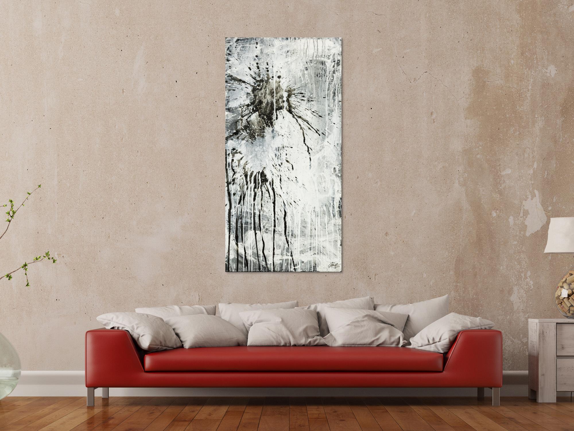 Original Gemälde abstrakt 140x70cm Minimalistisch Moderne Kunst handgefertigt Action Painting schwarz weiß grau einzigartig