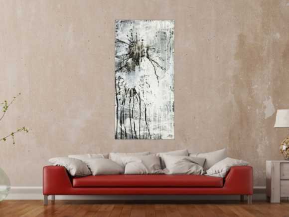 Original Gemälde abstrakt 140x70cm Minimalistisch Moderne Kunst handgefertigt Action Painting schwarz weiß grau einzigartig