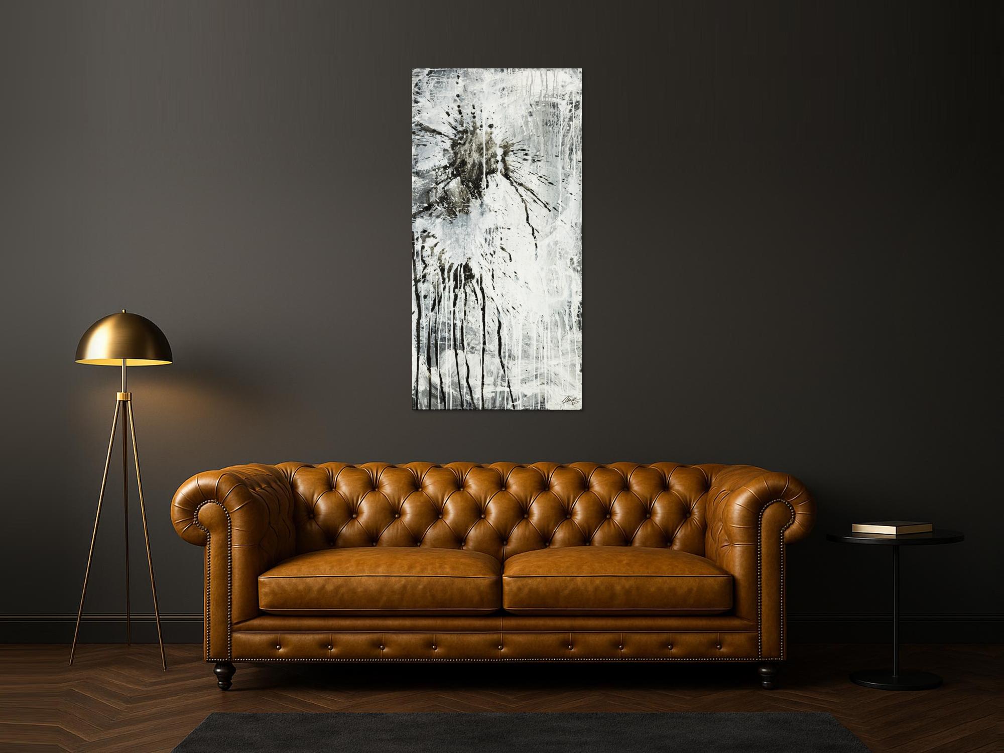 Original Gemälde abstrakt 140x70cm Minimalistisch Moderne Kunst handgefertigt Action Painting schwarz weiß grau einzigartig